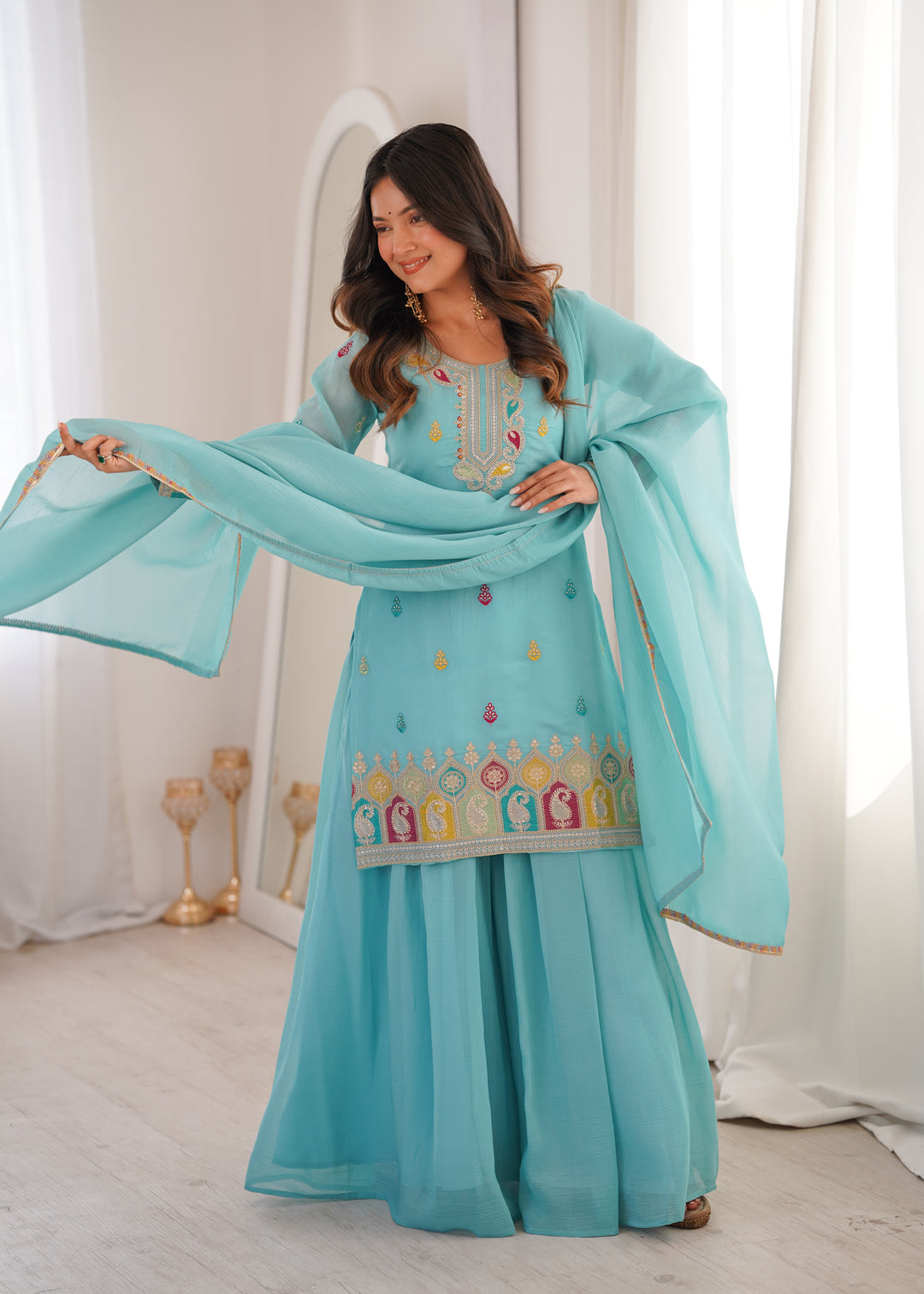 PURE SOFT CRUNCHY SILK FABRIC TOP, SHARARA WITH DUPATTA SET READY TO WEAR