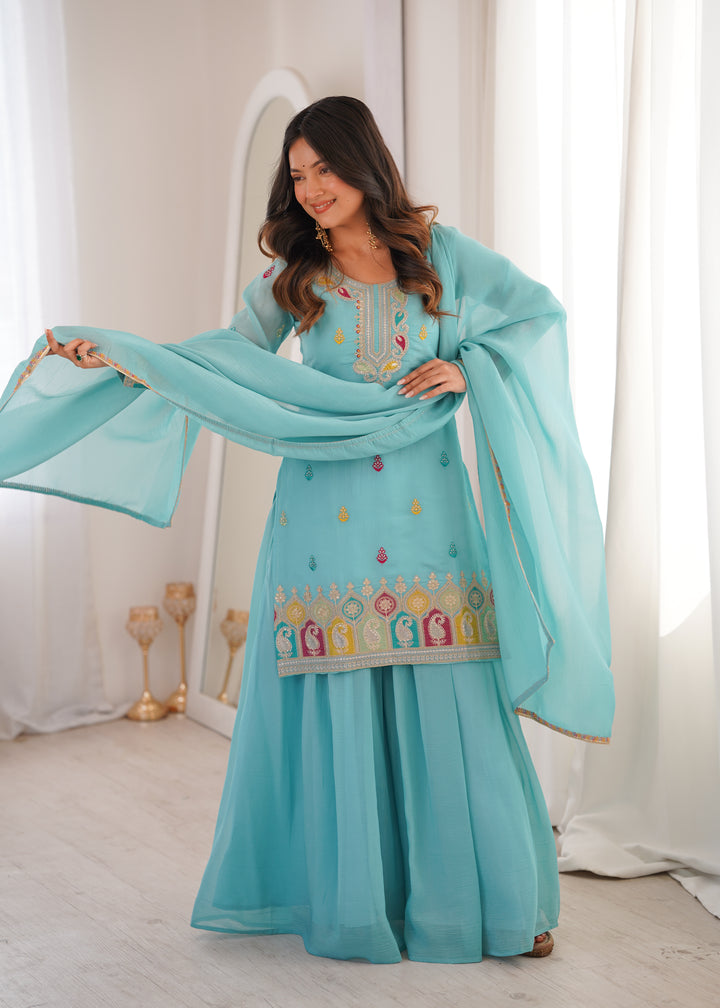 PURE SOFT CRUNCHY SILK FABRIC TOP, SHARARA WITH DUPATTA SET READY TO WEAR