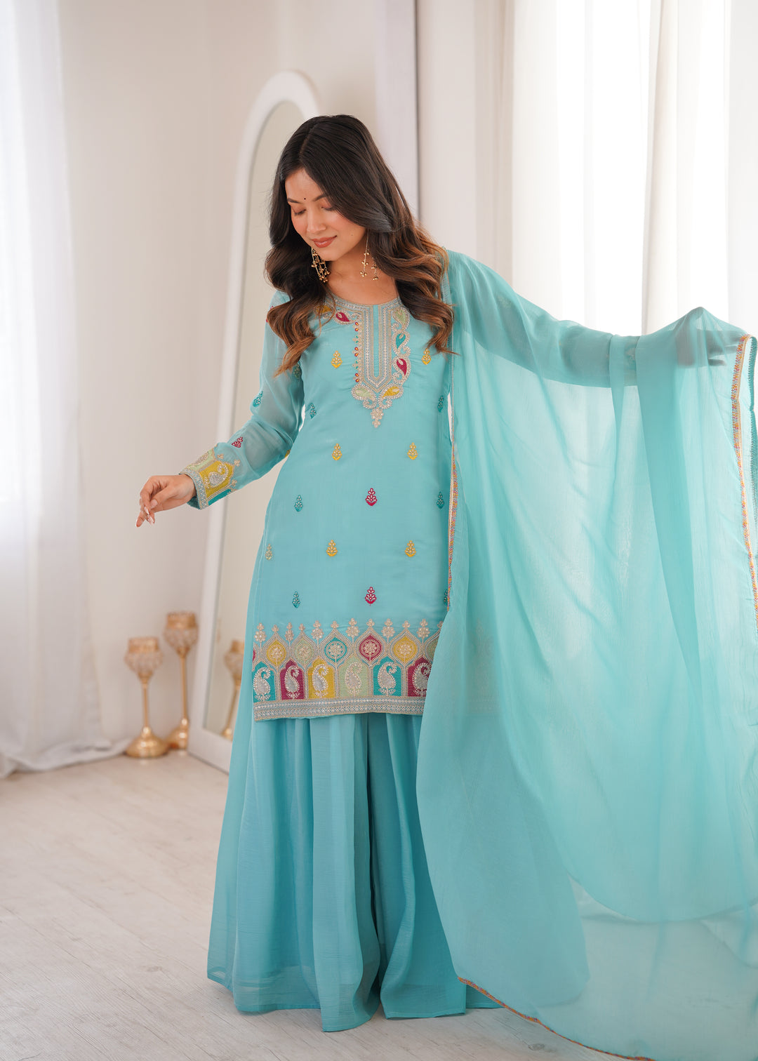 PURE SOFT CRUNCHY SILK FABRIC TOP, SHARARA WITH DUPATTA SET READY TO WEAR