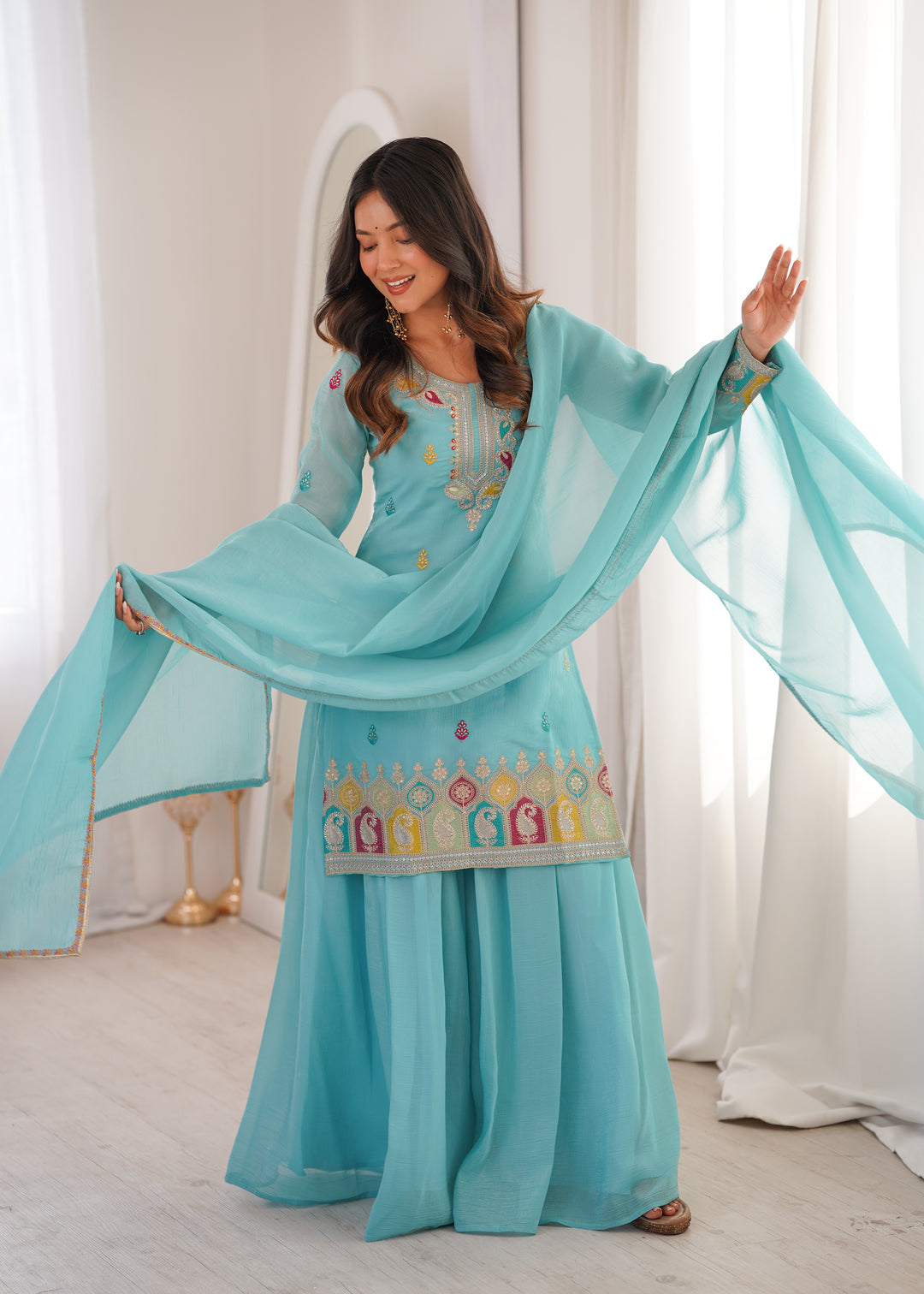 PURE SOFT CRUNCHY SILK FABRIC TOP, SHARARA WITH DUPATTA SET READY TO WEAR