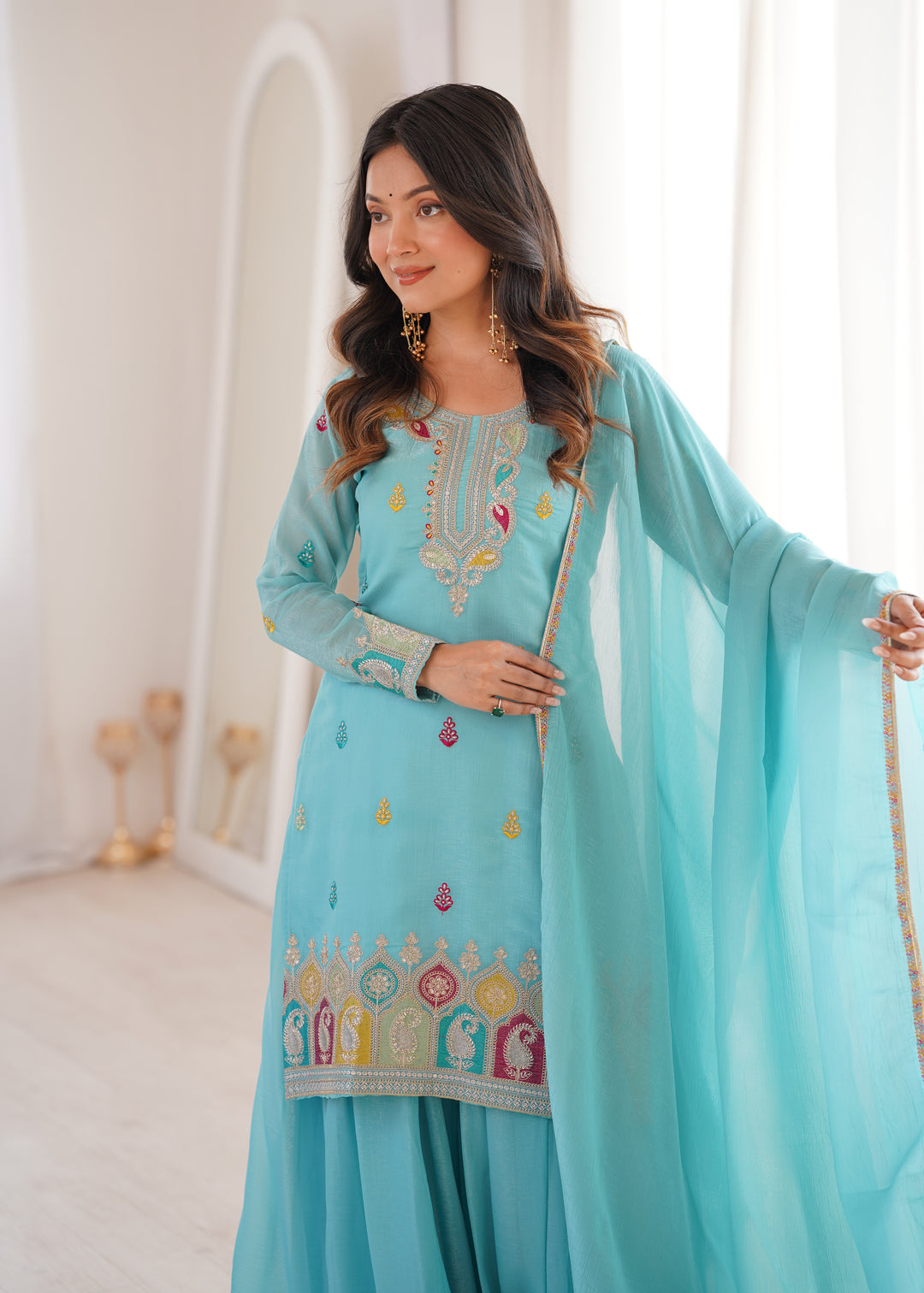 PURE SOFT CRUNCHY SILK FABRIC TOP, SHARARA WITH DUPATTA SET READY TO WEAR