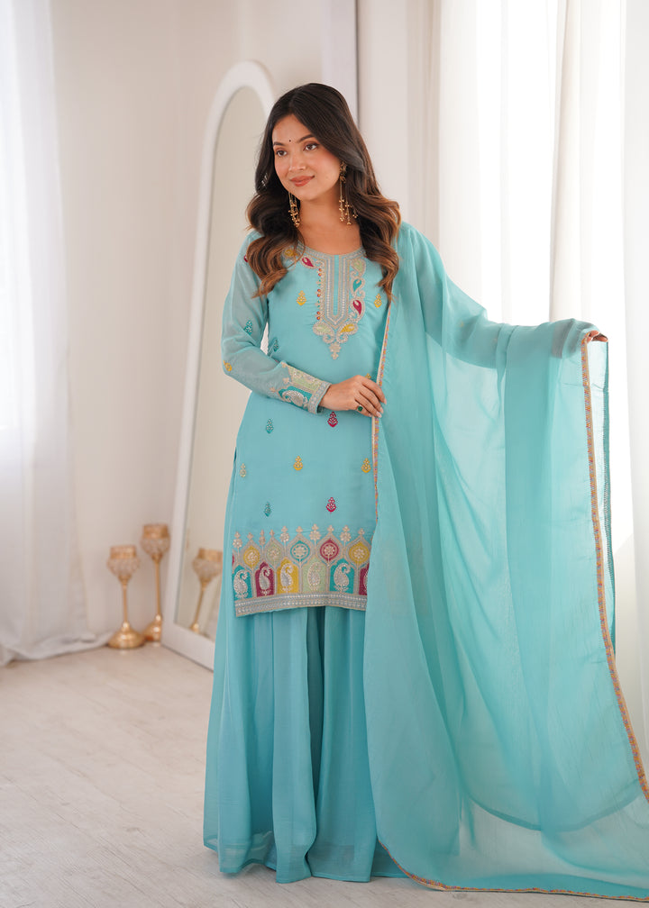 PURE SOFT CRUNCHY SILK FABRIC TOP, SHARARA WITH DUPATTA SET READY TO WEAR