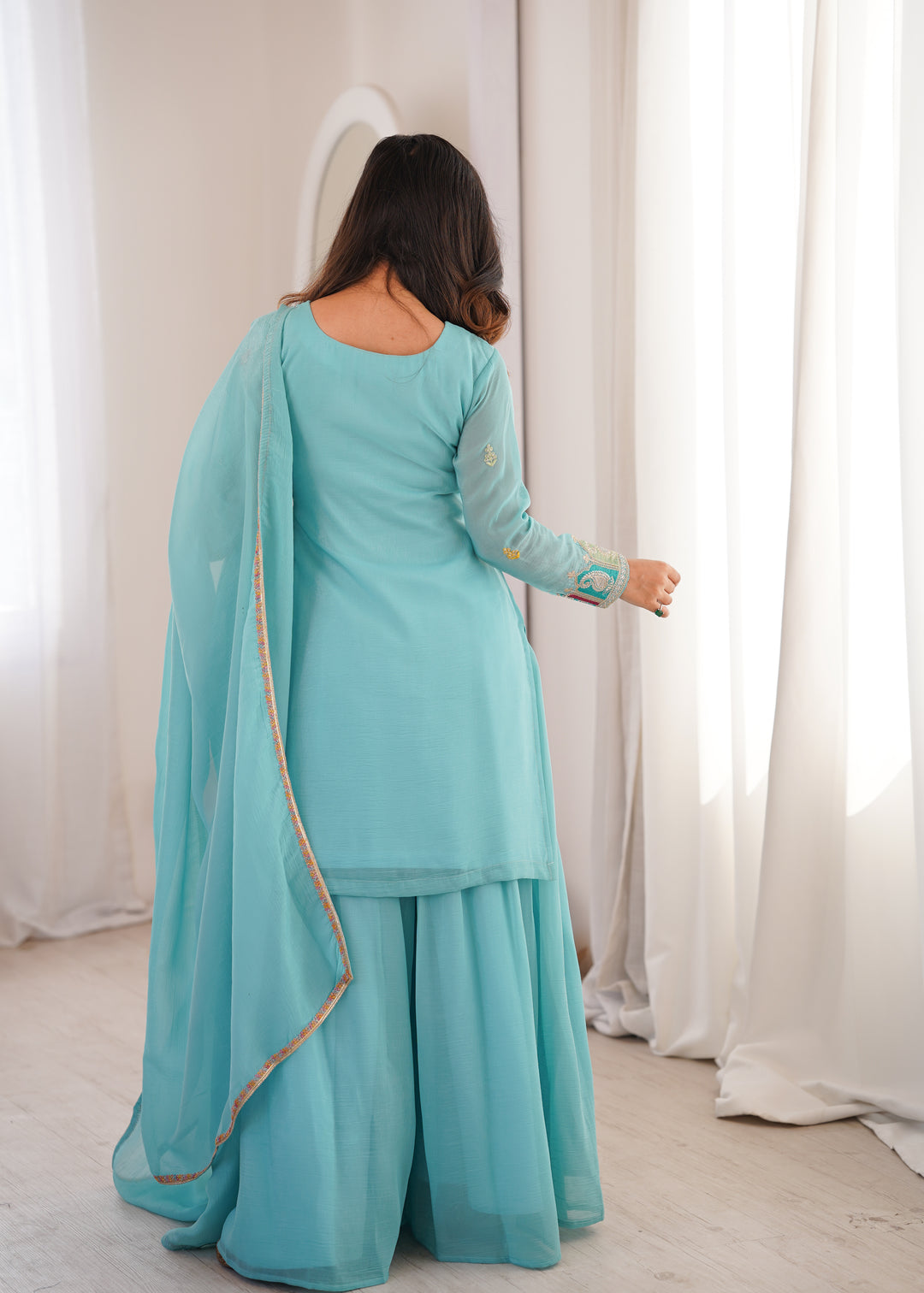 PURE SOFT CRUNCHY SILK FABRIC TOP, SHARARA WITH DUPATTA SET READY TO WEAR