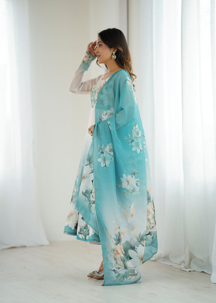 PURE SOFT ORGANJA SILK FABRIC FULLY FLAIR KALI PATTERN AND CANVAS PATTA WITH DUPPTA SET ,PENT READY TO WEAR