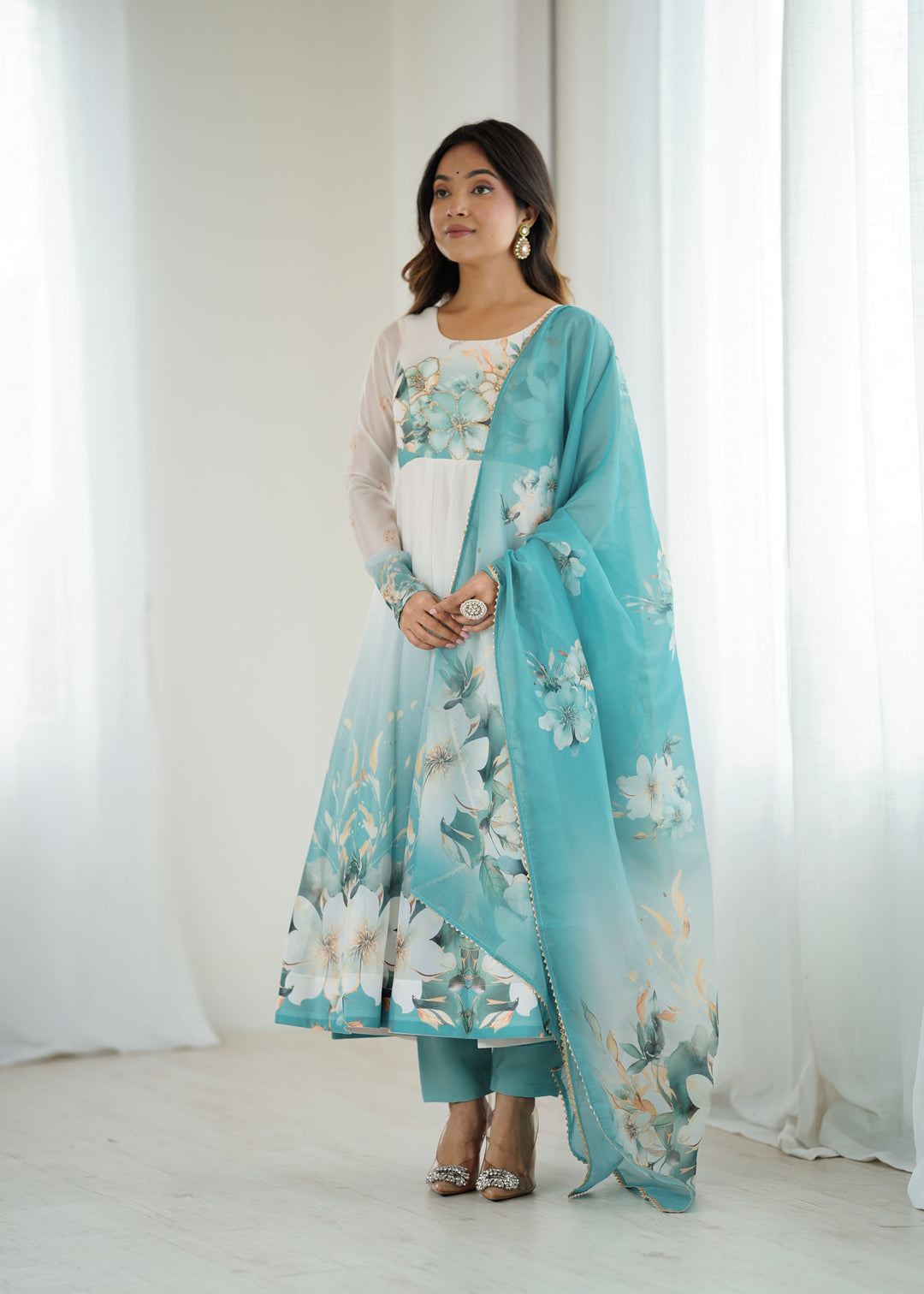 PURE SOFT ORGANJA SILK FABRIC FULLY FLAIR KALI PATTERN AND CANVAS PATTA WITH DUPPTA SET ,PENT READY TO WEAR