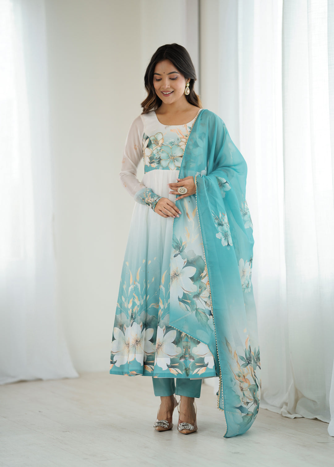 PURE SOFT ORGANJA SILK FABRIC FULLY FLAIR KALI PATTERN AND CANVAS PATTA WITH DUPPTA SET ,PENT READY TO WEAR