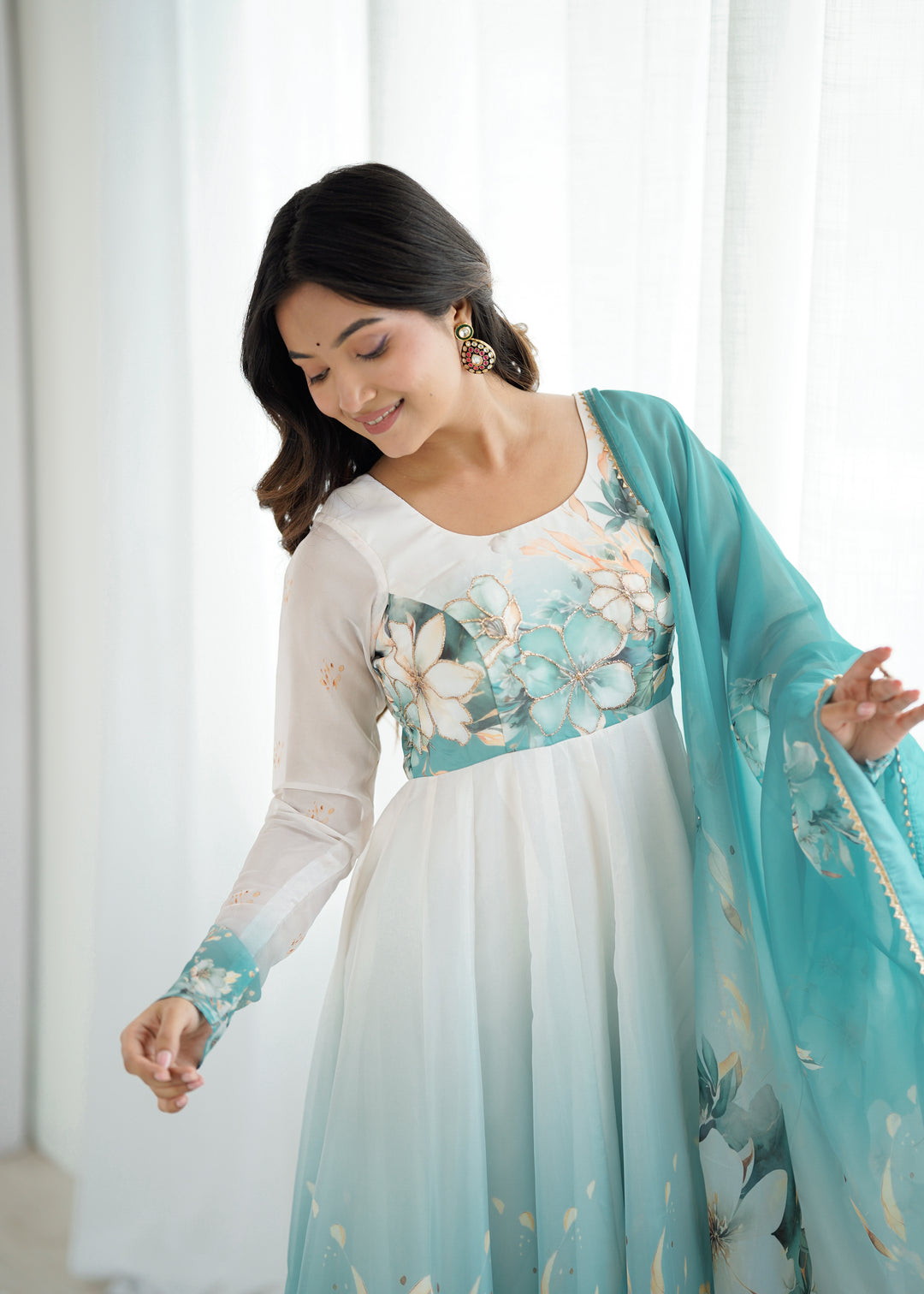 PURE SOFT ORGANJA SILK FABRIC FULLY FLAIR KALI PATTERN AND CANVAS PATTA WITH DUPPTA SET ,PENT READY TO WEAR