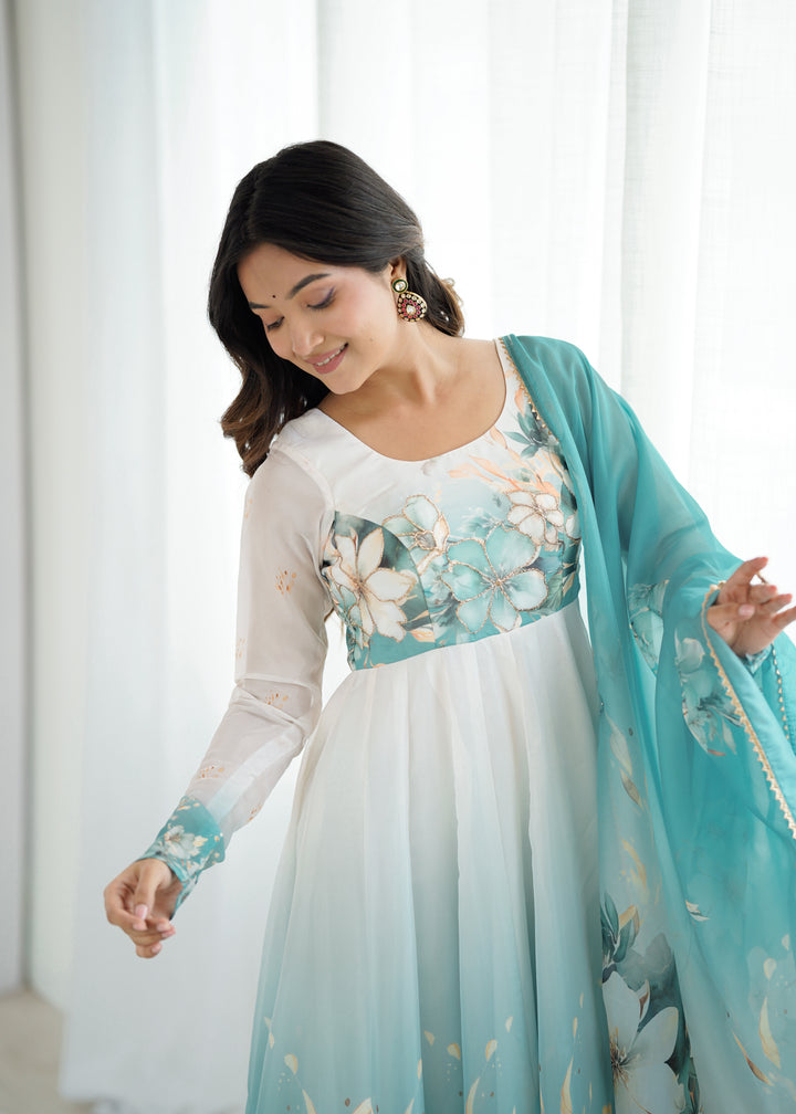 PURE SOFT ORGANJA SILK FABRIC FULLY FLAIR KALI PATTERN AND CANVAS PATTA WITH DUPPTA SET ,PENT READY TO WEAR