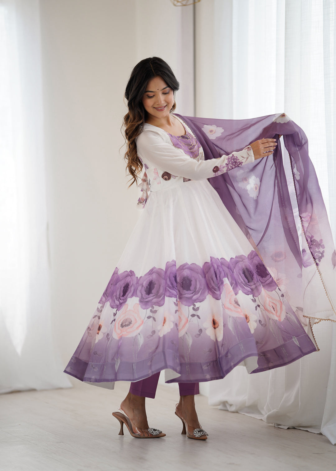 PURE SOFT ORGANJA SILK FABRIC FULLY FLAIR KALI PATTERN AND CANVAS PATTA WITH DUPPTA SET, PENT READY TO WEAR