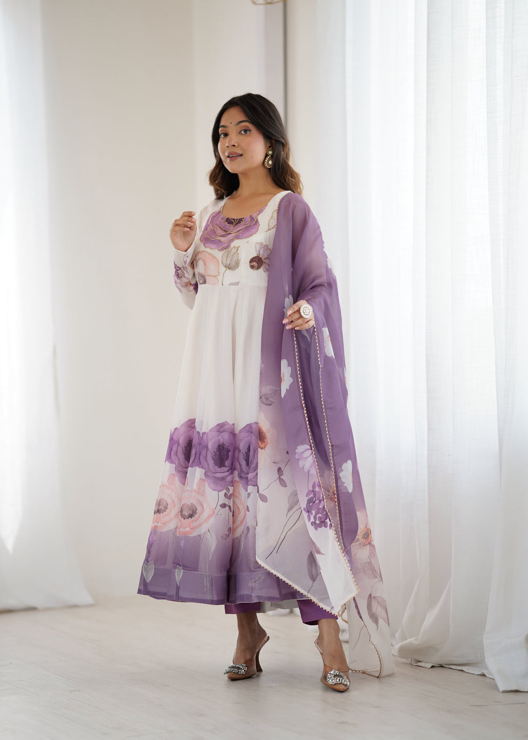 PURE SOFT ORGANJA SILK FABRIC FULLY FLAIR KALI PATTERN AND CANVAS PATTA WITH DUPPTA SET, PENT READY TO WEAR