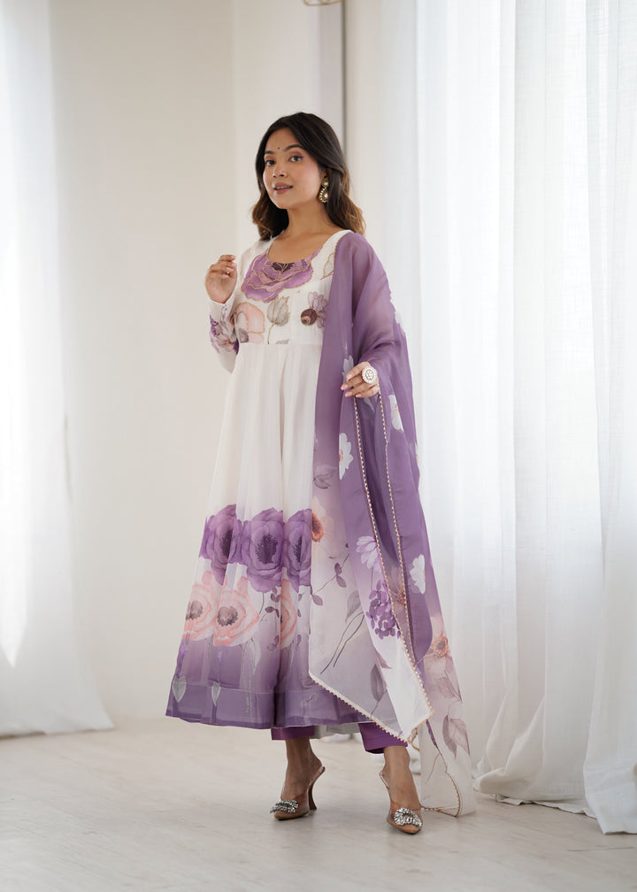 PURE SOFT ORGANJA SILK FABRIC FULLY FLAIR KALI PATTERN AND CANVAS PATTA WITH DUPPTA SET, PENT READY TO WEAR
