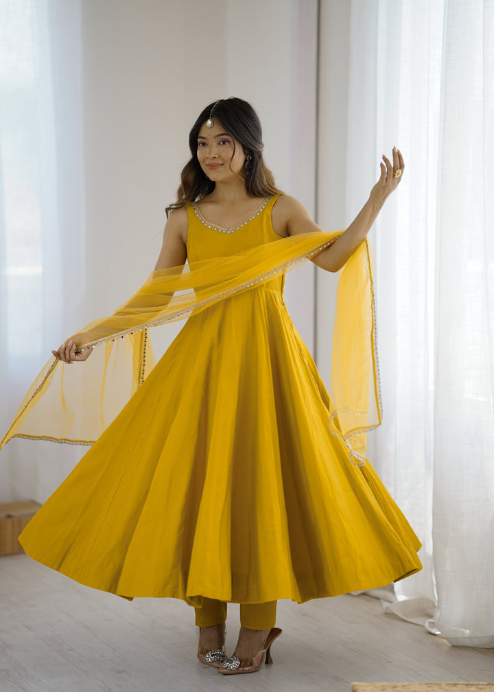PURE ROMANSILK CHANDERI FABRIC FULLY FLAIR ANARKALI,WITH DUPPTA SET,PENT READY TO WEAR