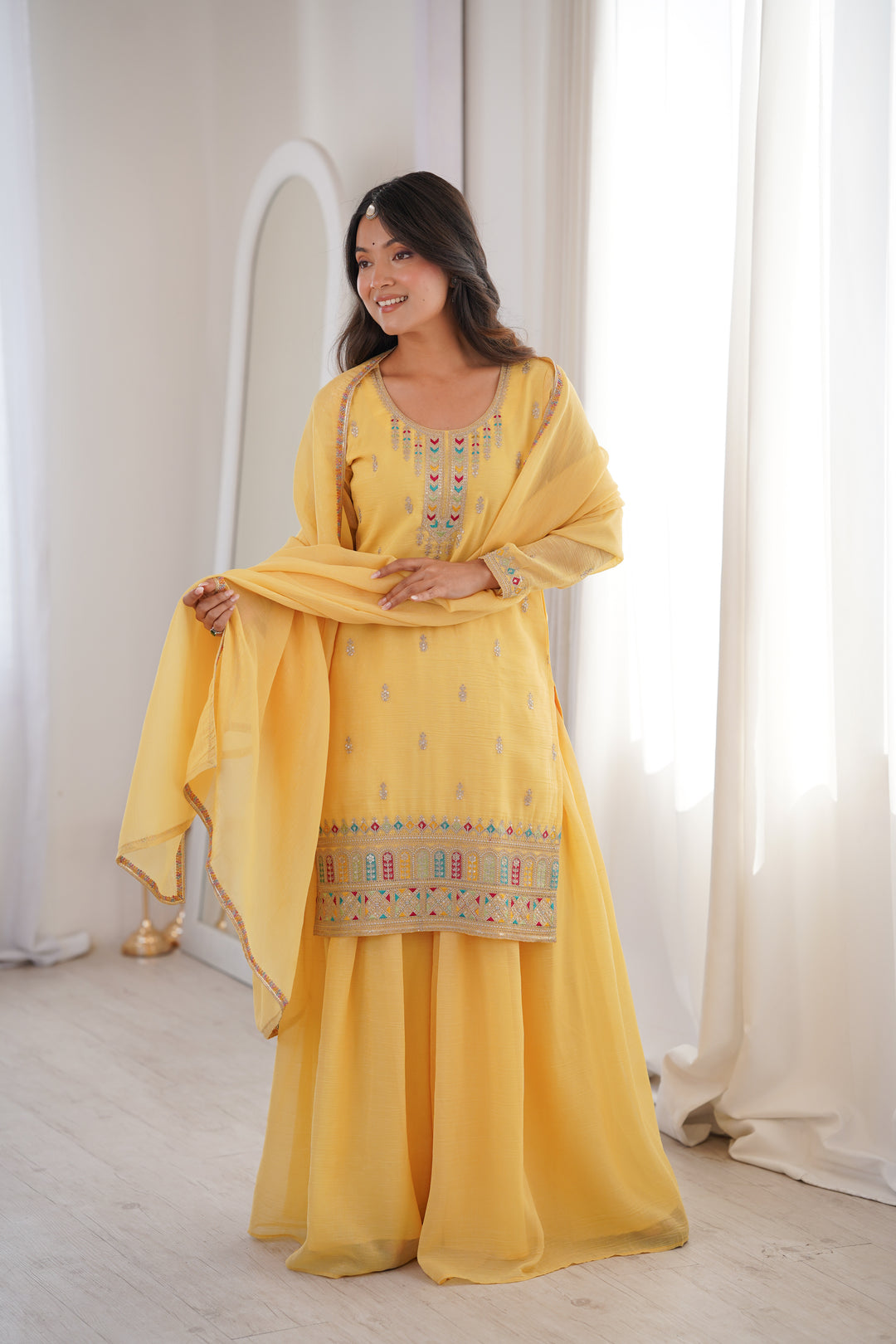 PURE SOFT CRUNCHY SILK FABRIC TOP, SHARARA WITH DUPATTA SET READY TO WEAR