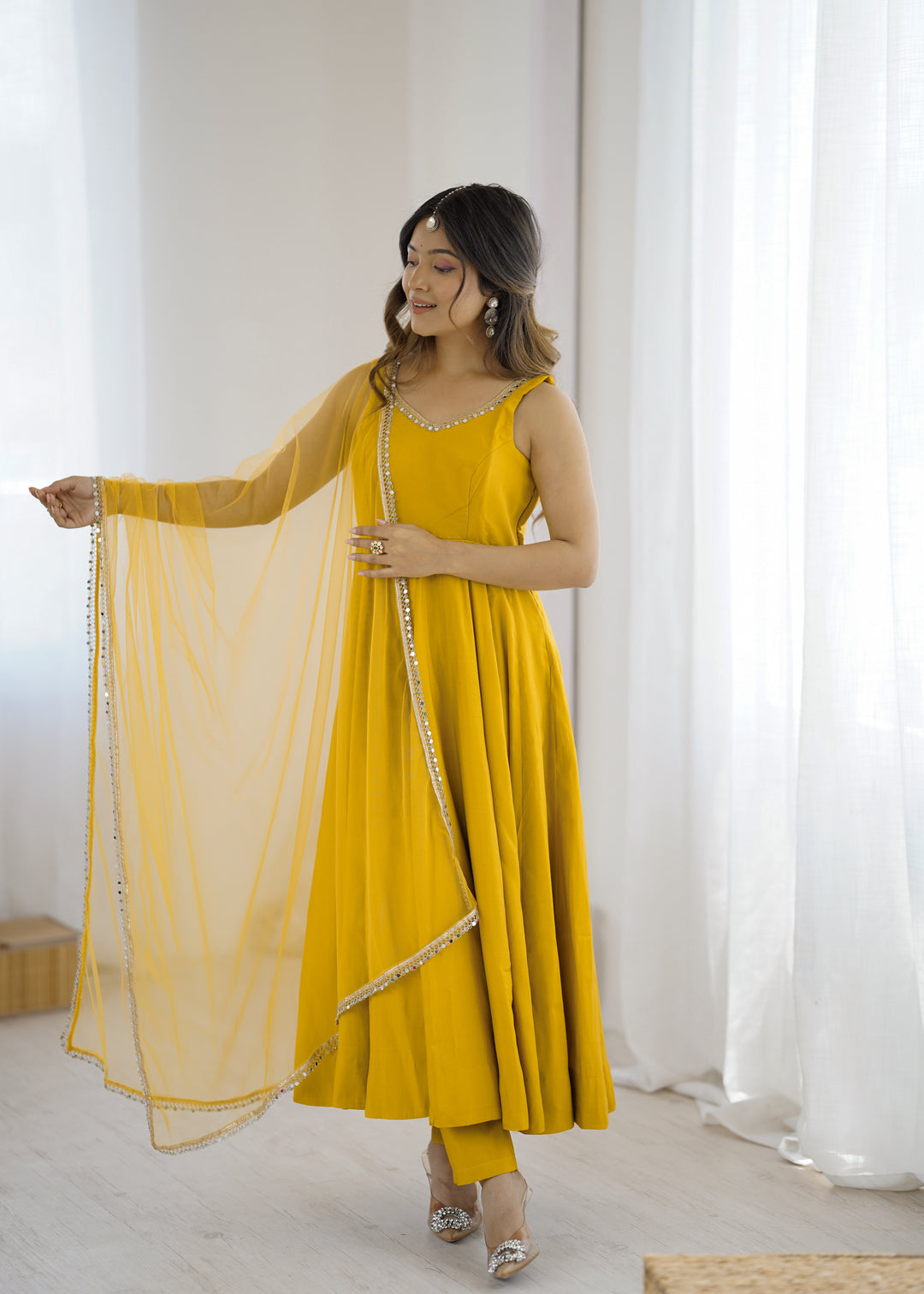 PURE ROMANSILK CHANDERI FABRIC FULLY FLAIR ANARKALI,WITH DUPPTA SET,PENT READY TO WEAR