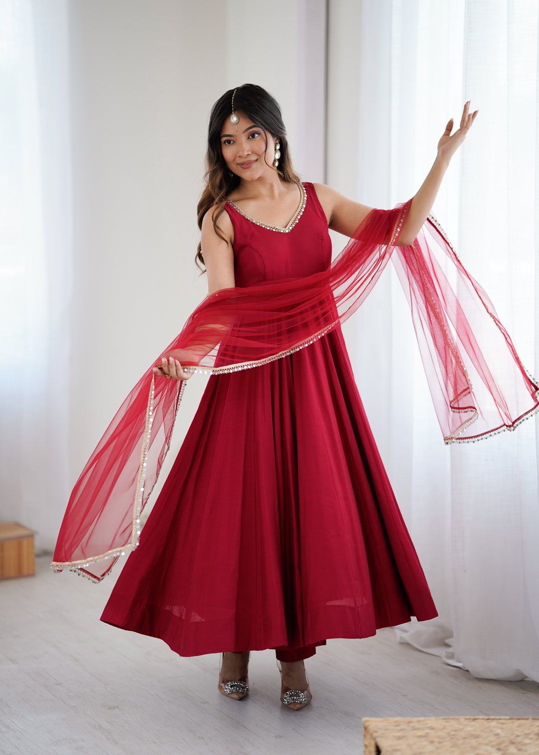 PURE ROMANSILK CHANDERI FABRIC FULLY FLAIR ANARKALI,WITH DUPPTA SET,PENT READY TO WEAR