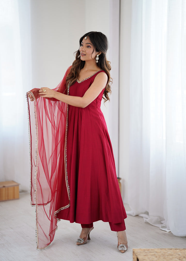 PURE ROMANSILK CHANDERI FABRIC FULLY FLAIR ANARKALI,WITH DUPPTA SET,PENT READY TO WEAR