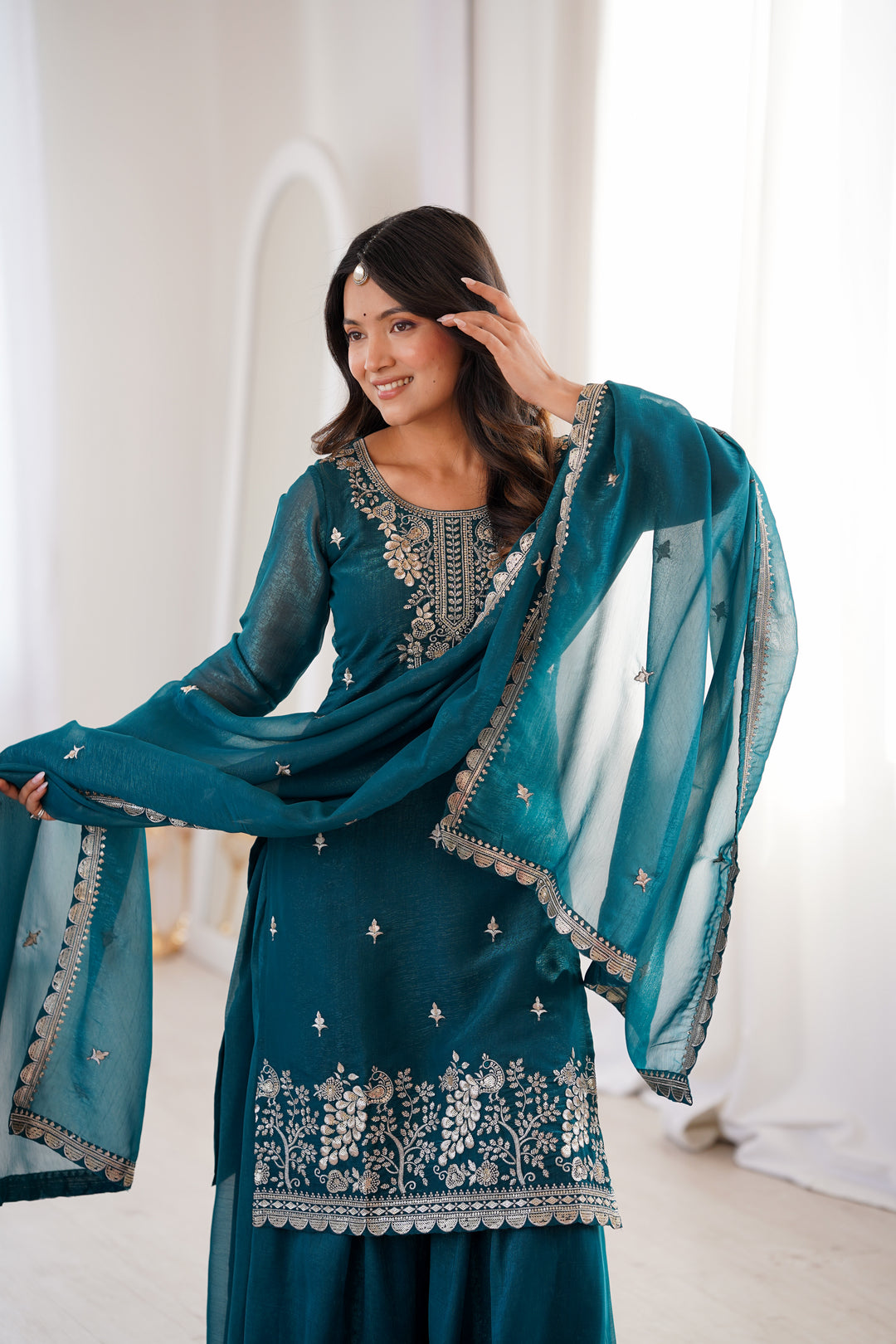 PURE SOFT CRUNCHY SILK FABRIC TOP, SHARARA WITH DUPATTA SET READY TO WEAR