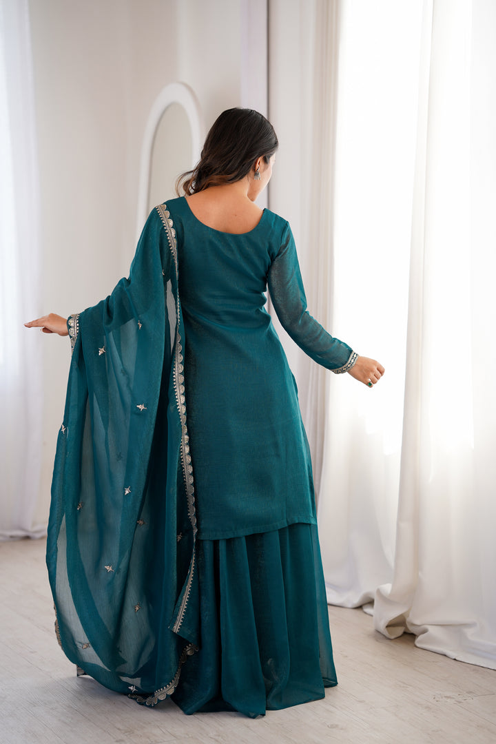 PURE SOFT CRUNCHY SILK FABRIC TOP, SHARARA WITH DUPATTA SET READY TO WEAR