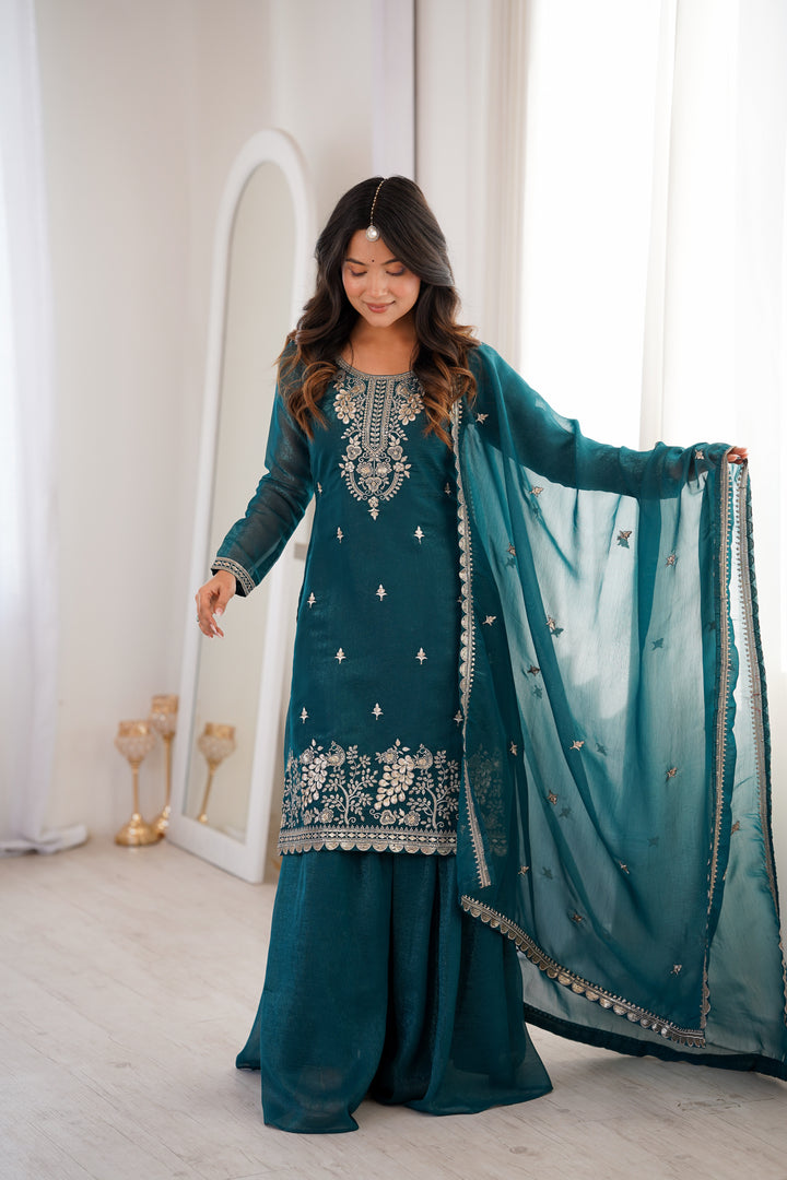 PURE SOFT CRUNCHY SILK FABRIC TOP, SHARARA WITH DUPATTA SET READY TO WEAR