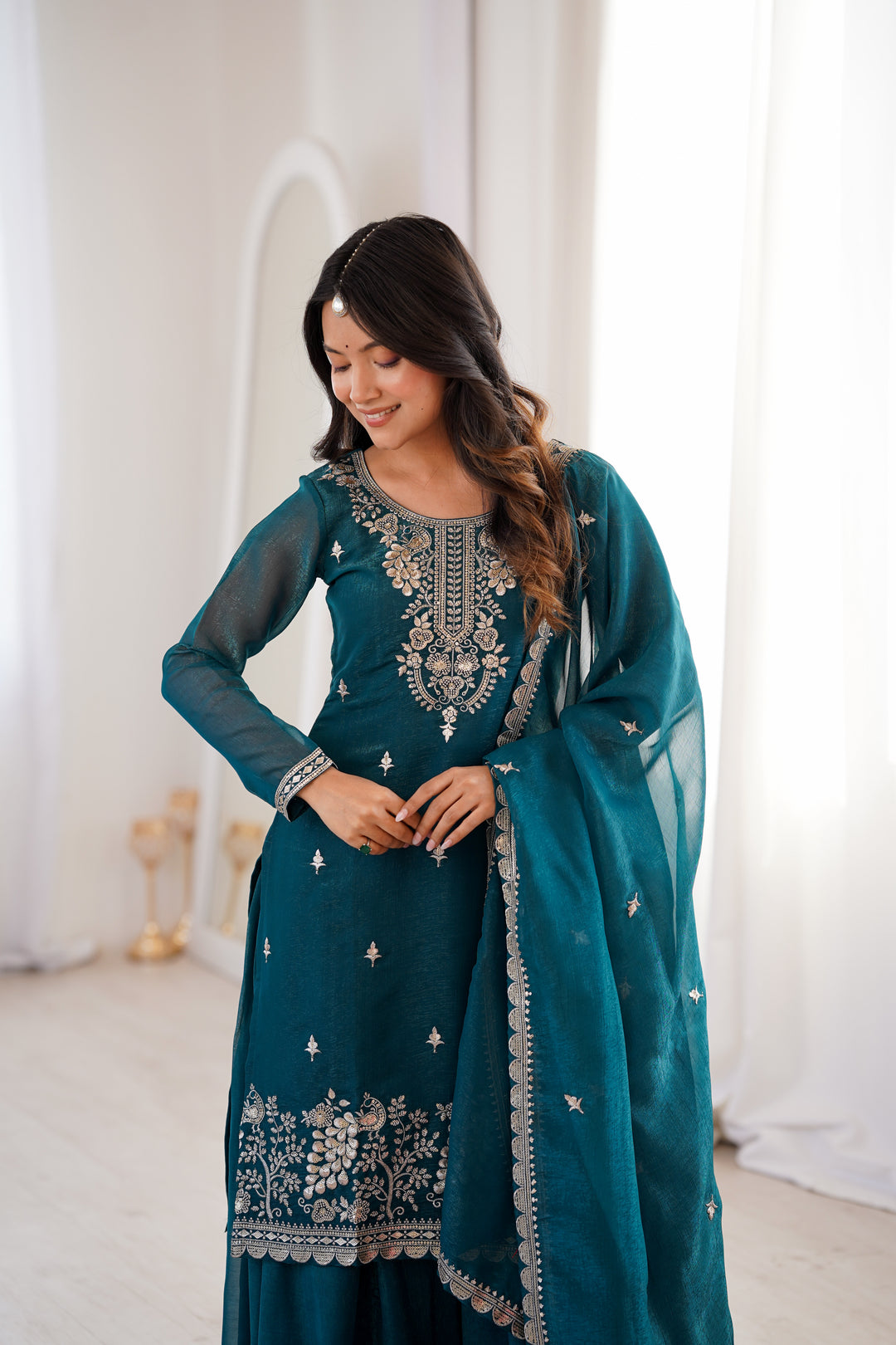 PURE SOFT CRUNCHY SILK FABRIC TOP, SHARARA WITH DUPATTA SET READY TO WEAR