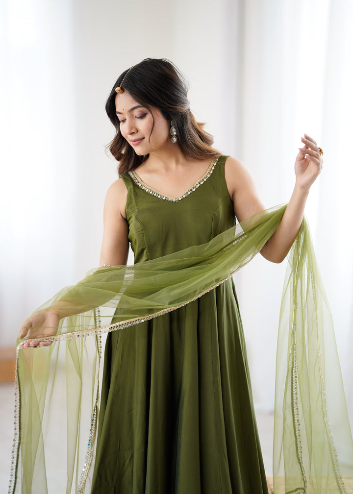 PURE ROMANSILK CHANDERI FABRIC FULLY FLAIR ANARKALI,WITH DUPPTA SET,PENT READY TO WEAR