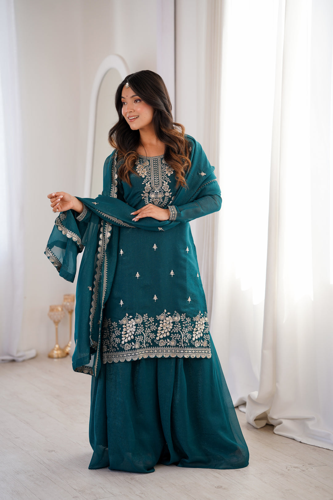 PURE SOFT CRUNCHY SILK FABRIC TOP, SHARARA WITH DUPATTA SET READY TO WEAR