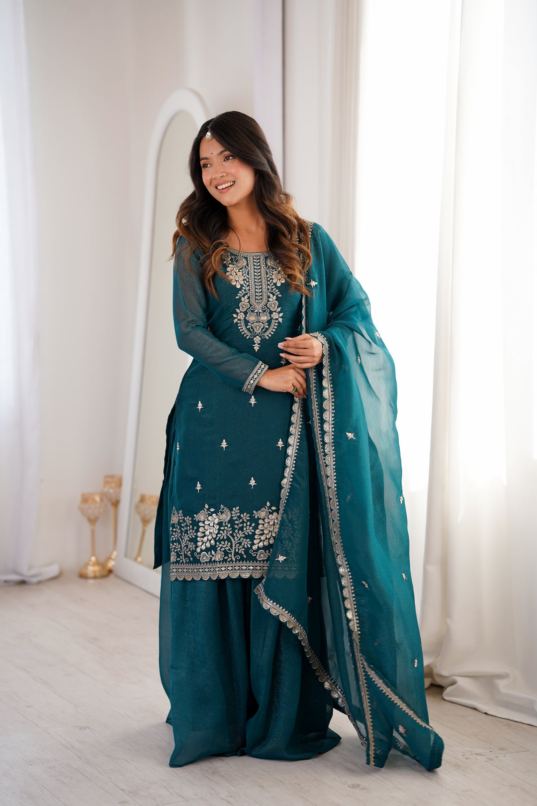 PURE SOFT CRUNCHY SILK FABRIC TOP, SHARARA WITH DUPATTA SET READY TO WEAR