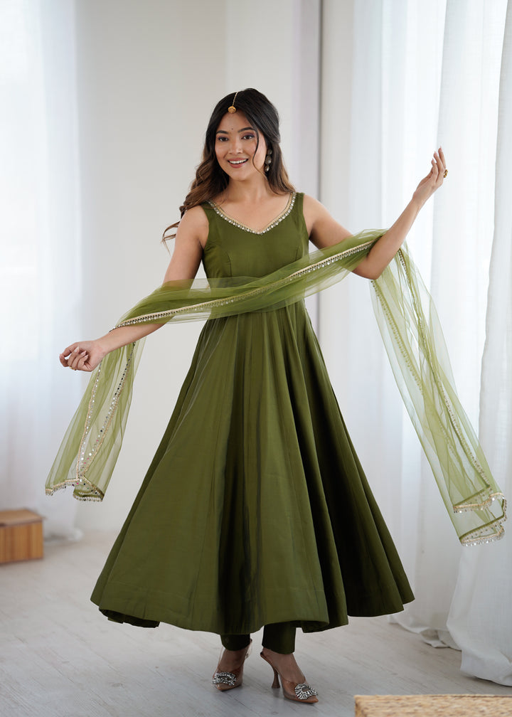 PURE ROMANSILK CHANDERI FABRIC FULLY FLAIR ANARKALI,WITH DUPPTA SET,PENT READY TO WEAR