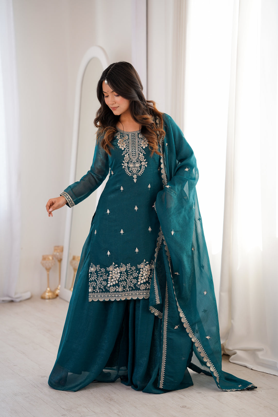 PURE SOFT CRUNCHY SILK FABRIC TOP, SHARARA WITH DUPATTA SET READY TO WEAR