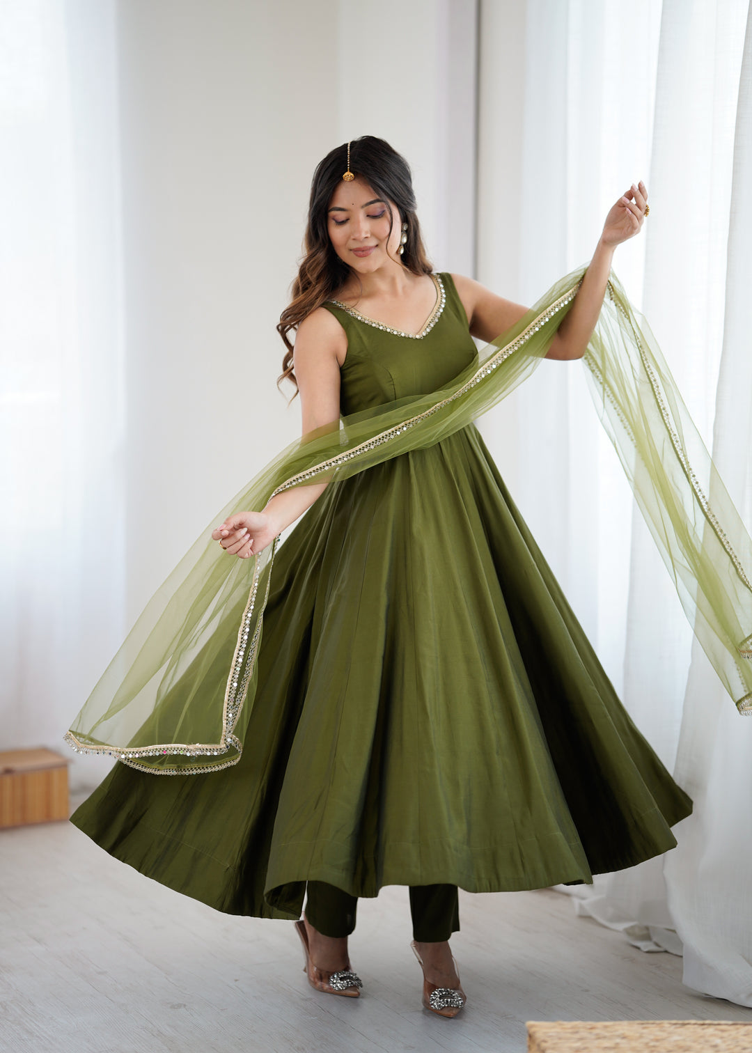 PURE ROMANSILK CHANDERI FABRIC FULLY FLAIR ANARKALI,WITH DUPPTA SET,PENT READY TO WEAR