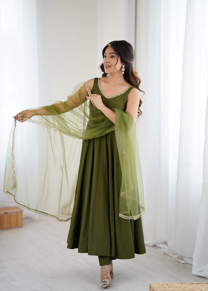 PURE ROMANSILK CHANDERI FABRIC FULLY FLAIR ANARKALI,WITH DUPPTA SET,PENT READY TO WEAR