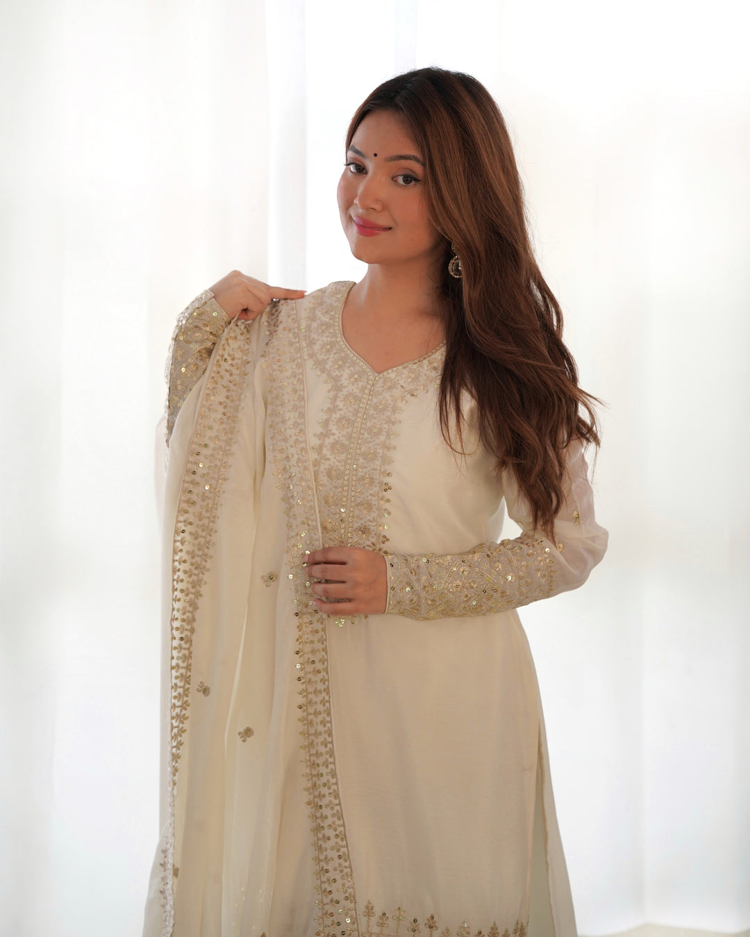 PURE CHINON SILK FABRIC STRAIGHT FIT KURTA WITH DUPATTA SET, TROUSERS, READY TO WEAR