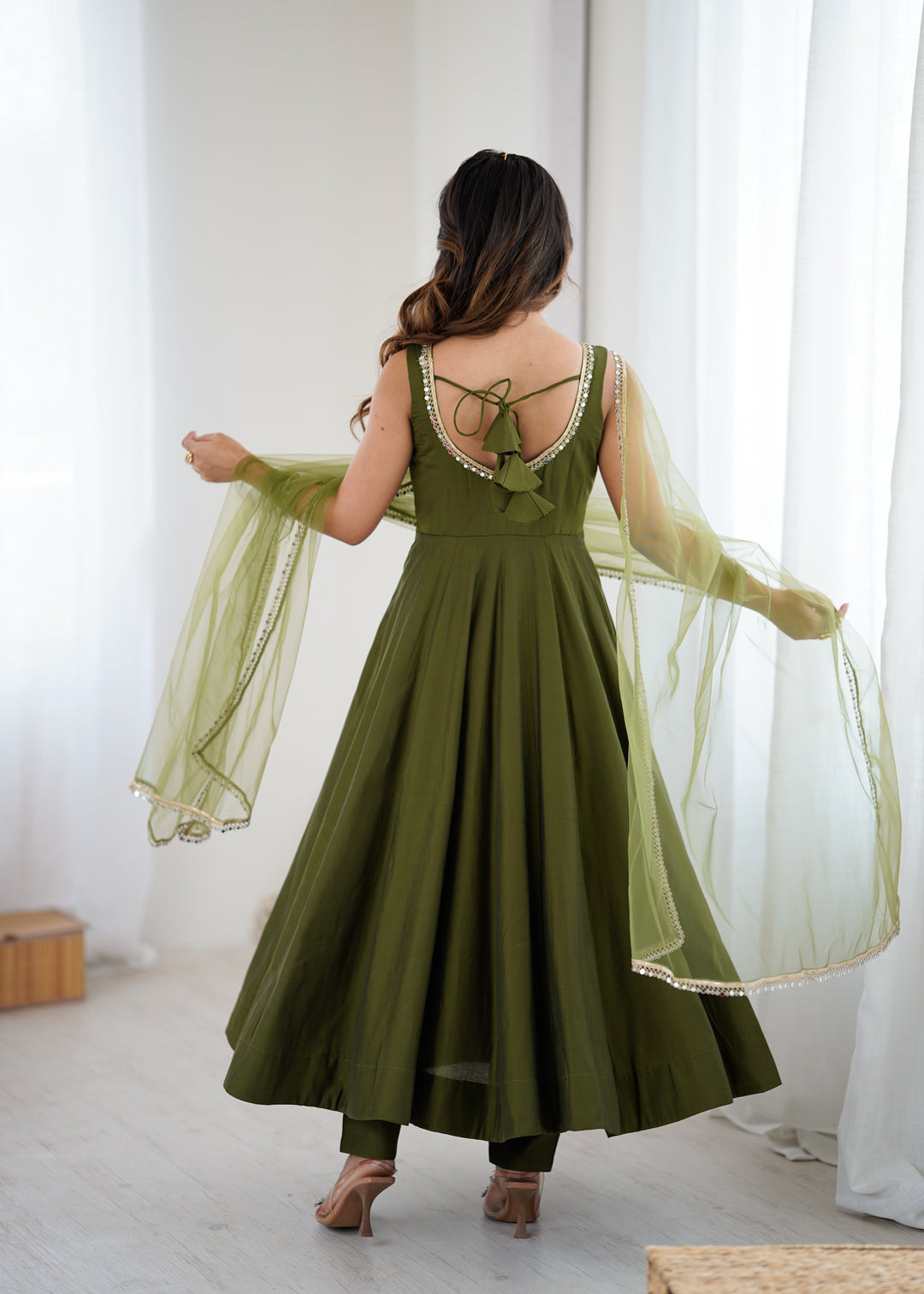 PURE ROMANSILK CHANDERI FABRIC FULLY FLAIR ANARKALI,WITH DUPPTA SET,PENT READY TO WEAR