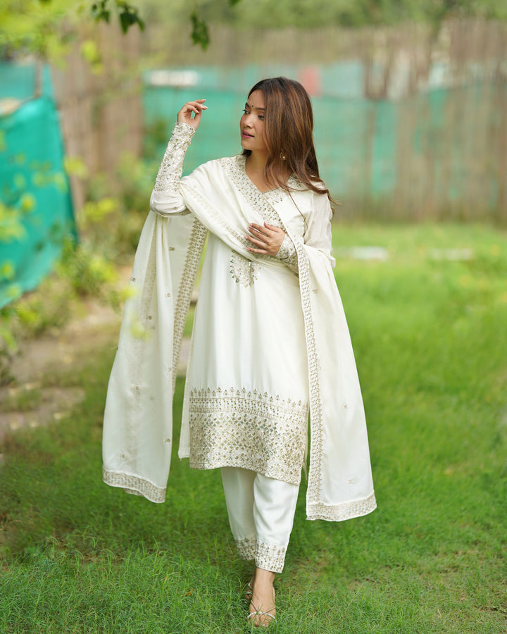 PURE CHINON SILK FABRIC STRAIGHT FIT KURTA WITH DUPATTA SET, TROUSERS, READY TO WEAR