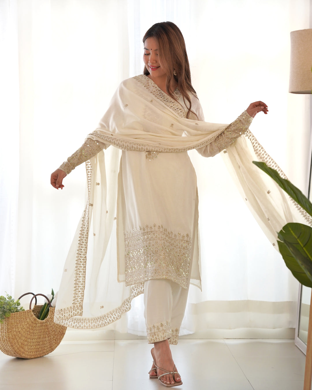 PURE CHINON SILK FABRIC STRAIGHT FIT KURTA WITH DUPATTA SET, TROUSERS, READY TO WEAR