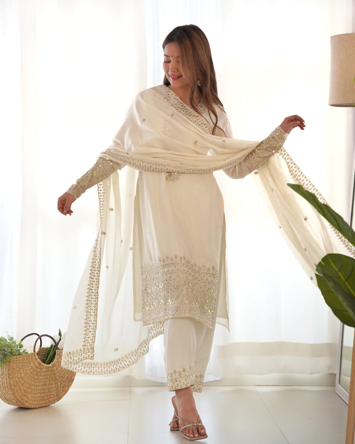 PURE CHINON SILK FABRIC STRAIGHT FIT KURTA WITH DUPATTA SET, TROUSERS, READY TO WEAR