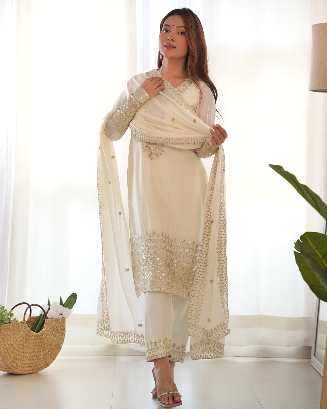 PURE CHINON SILK FABRIC STRAIGHT FIT KURTA WITH DUPATTA SET, TROUSERS, READY TO WEAR