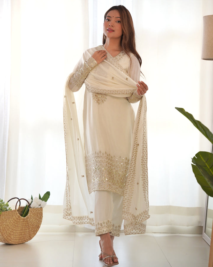 PURE CHINON SILK FABRIC STRAIGHT FIT KURTA WITH DUPATTA SET, TROUSERS, READY TO WEAR