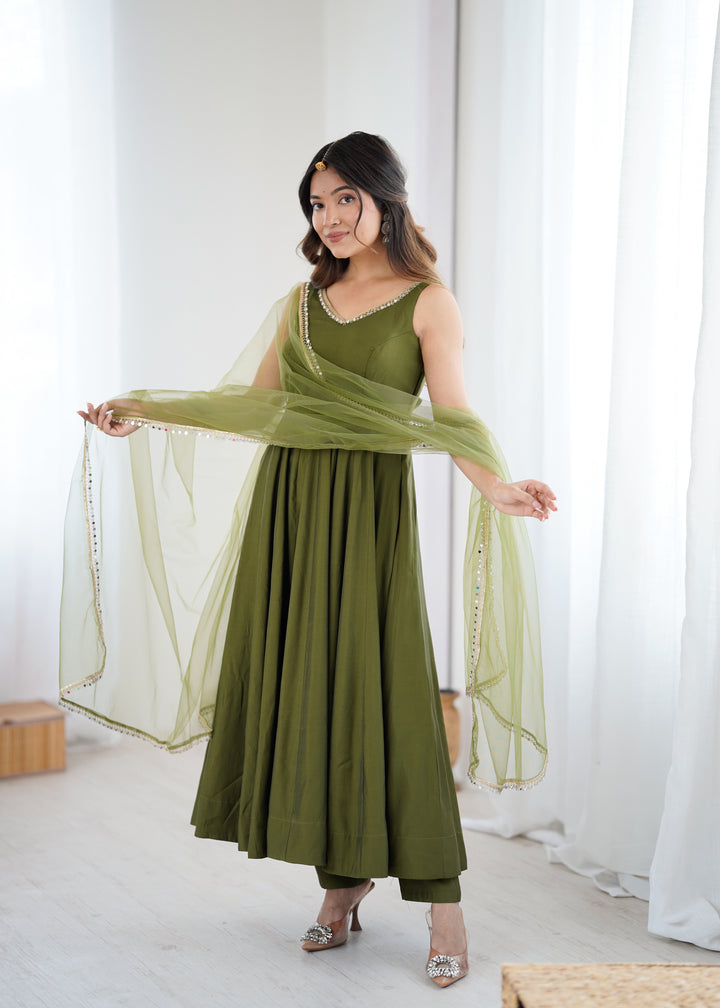 PURE ROMANSILK CHANDERI FABRIC FULLY FLAIR ANARKALI,WITH DUPPTA SET,PENT READY TO WEAR