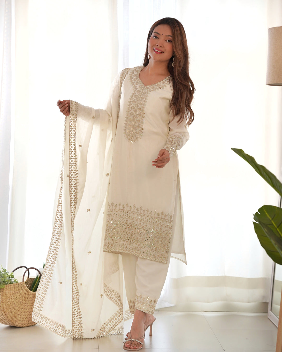 PURE CHINON SILK FABRIC STRAIGHT FIT KURTA WITH DUPATTA SET, TROUSERS, READY TO WEAR