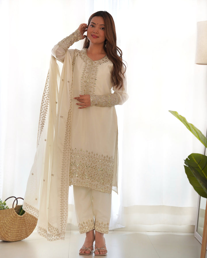PURE CHINON SILK FABRIC STRAIGHT FIT KURTA WITH DUPATTA SET, TROUSERS, READY TO WEAR