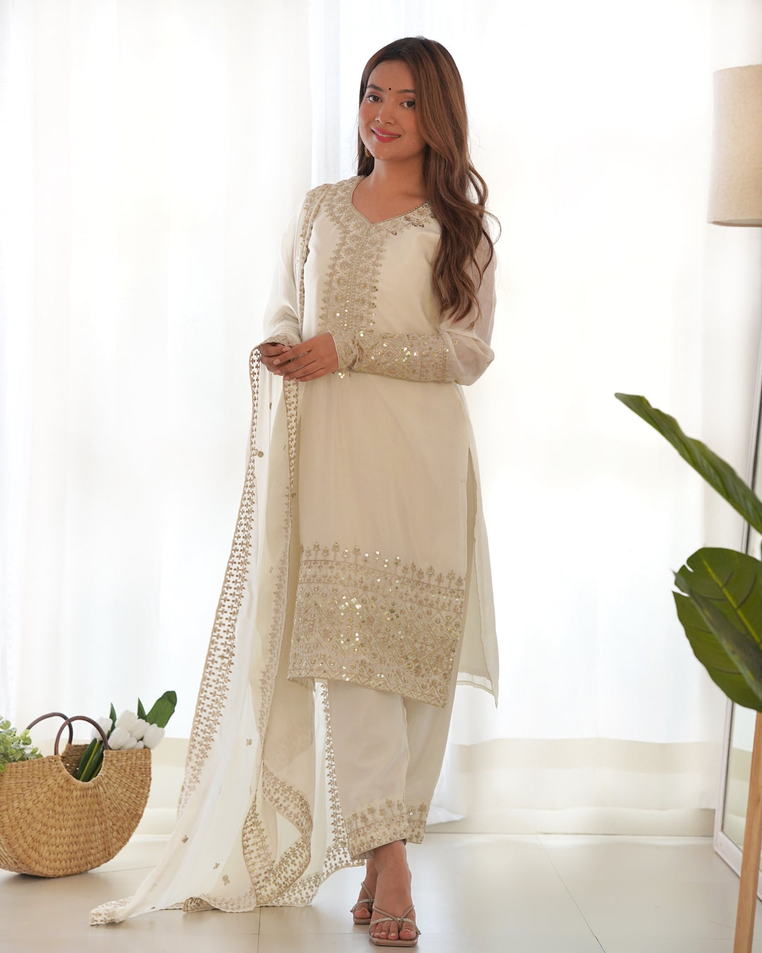 PURE CHINON SILK FABRIC STRAIGHT FIT KURTA WITH DUPATTA SET, TROUSERS, READY TO WEAR