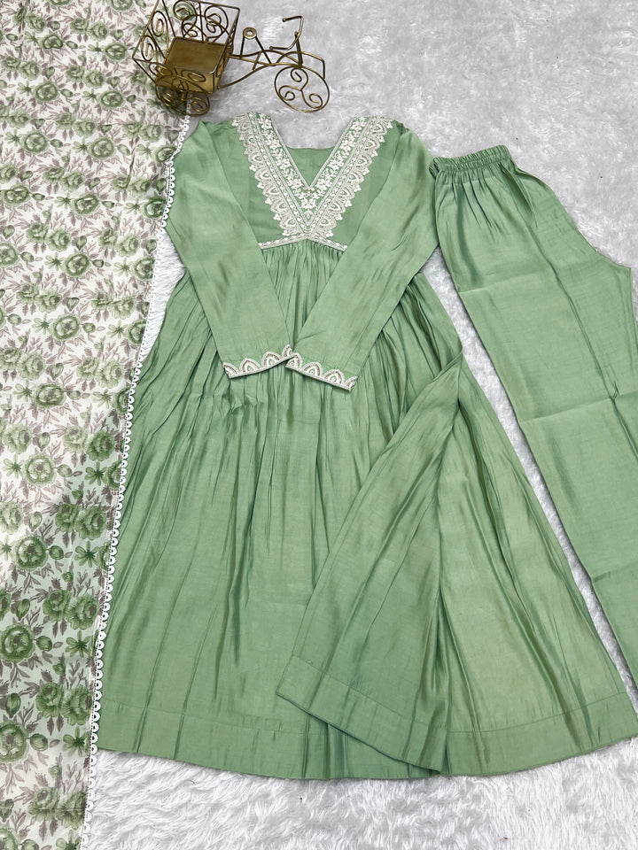 Pure Soft Heavy Roman silk Chanderi Nyra Cut Kurta Set with Dupatta & Pants