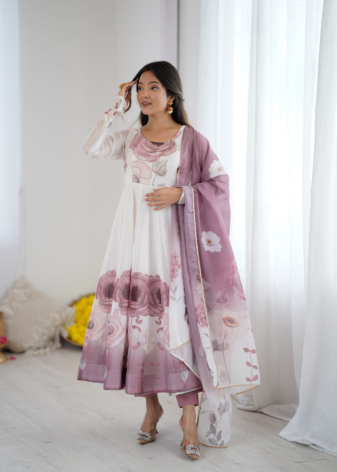 PURE SOFT ORGANJA SILK FABRIC FULLY FLAIR KALI PATTERN AND CANVAS PATTA WITH DUPPTA SET, PENT READY TO WEAR