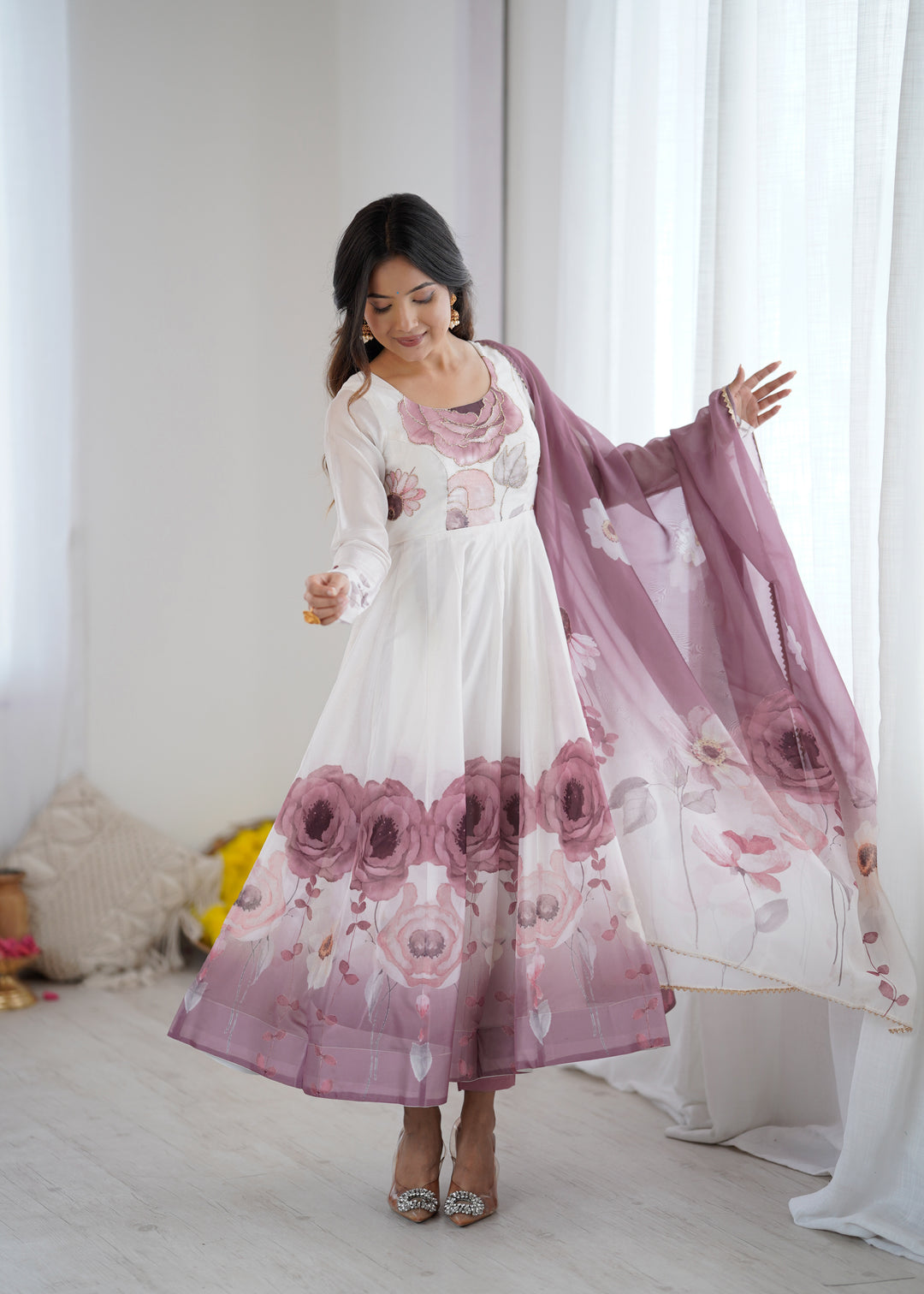 PURE SOFT ORGANJA SILK FABRIC FULLY FLAIR KALI PATTERN AND CANVAS PATTA WITH DUPPTA SET, PENT READY TO WEAR