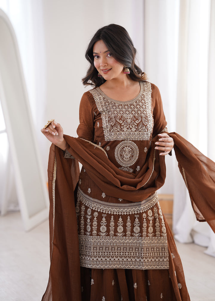PURE SOFT CRUNCHY SILK FABRIC TOP,SHARARA WITH DUPATTA SET READY TO WEAR