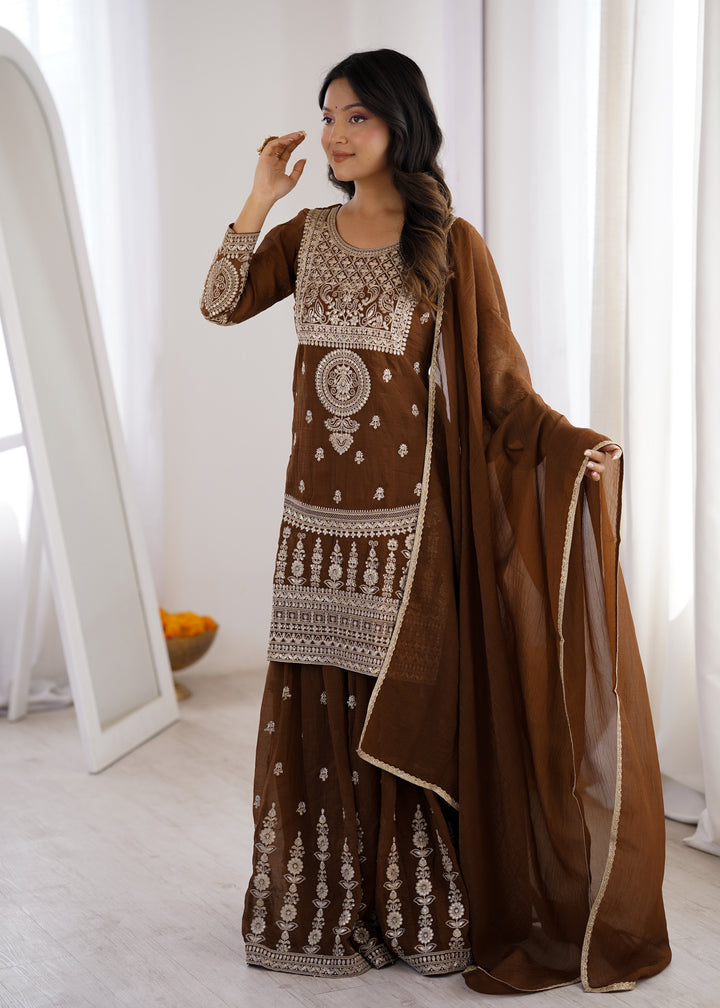PURE SOFT CRUNCHY SILK FABRIC TOP,SHARARA WITH DUPATTA SET READY TO WEAR