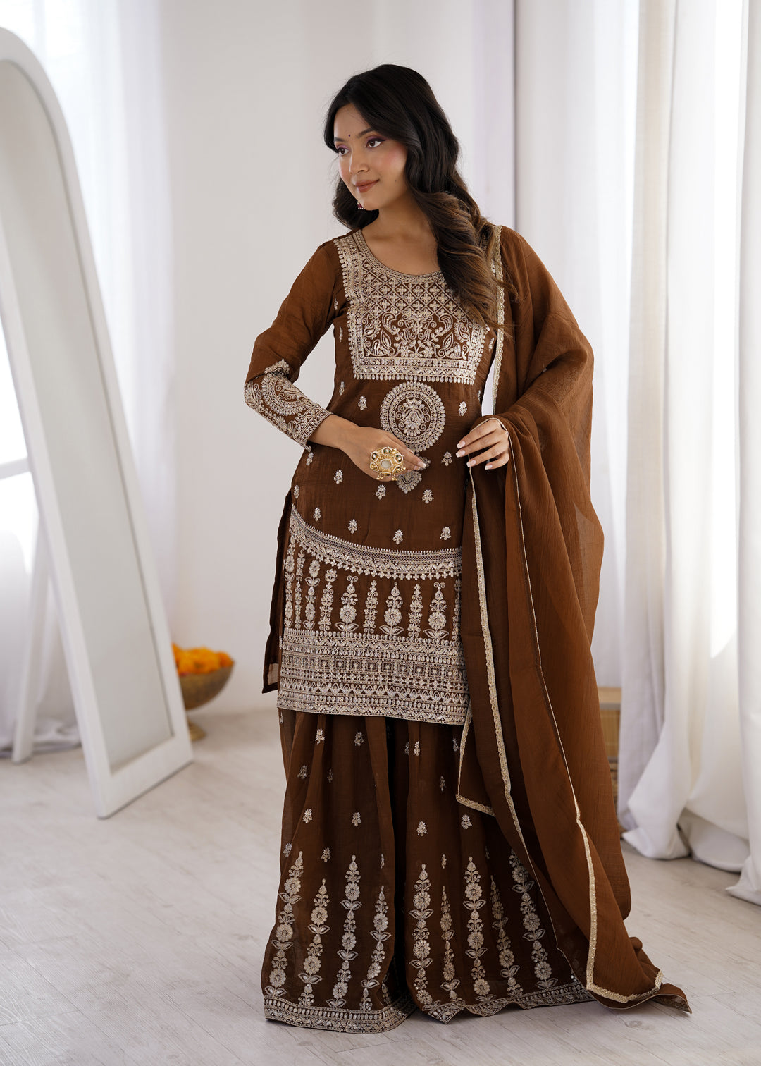 PURE SOFT CRUNCHY SILK FABRIC TOP,SHARARA WITH DUPATTA SET READY TO WEAR