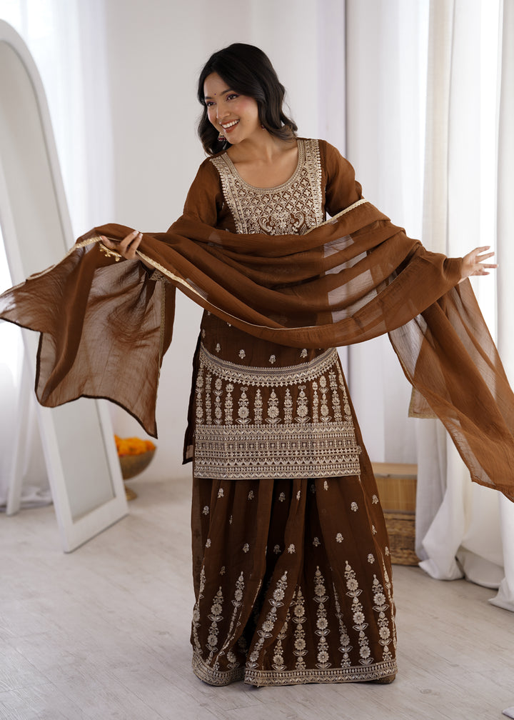 PURE SOFT CRUNCHY SILK FABRIC TOP,SHARARA WITH DUPATTA SET READY TO WEAR