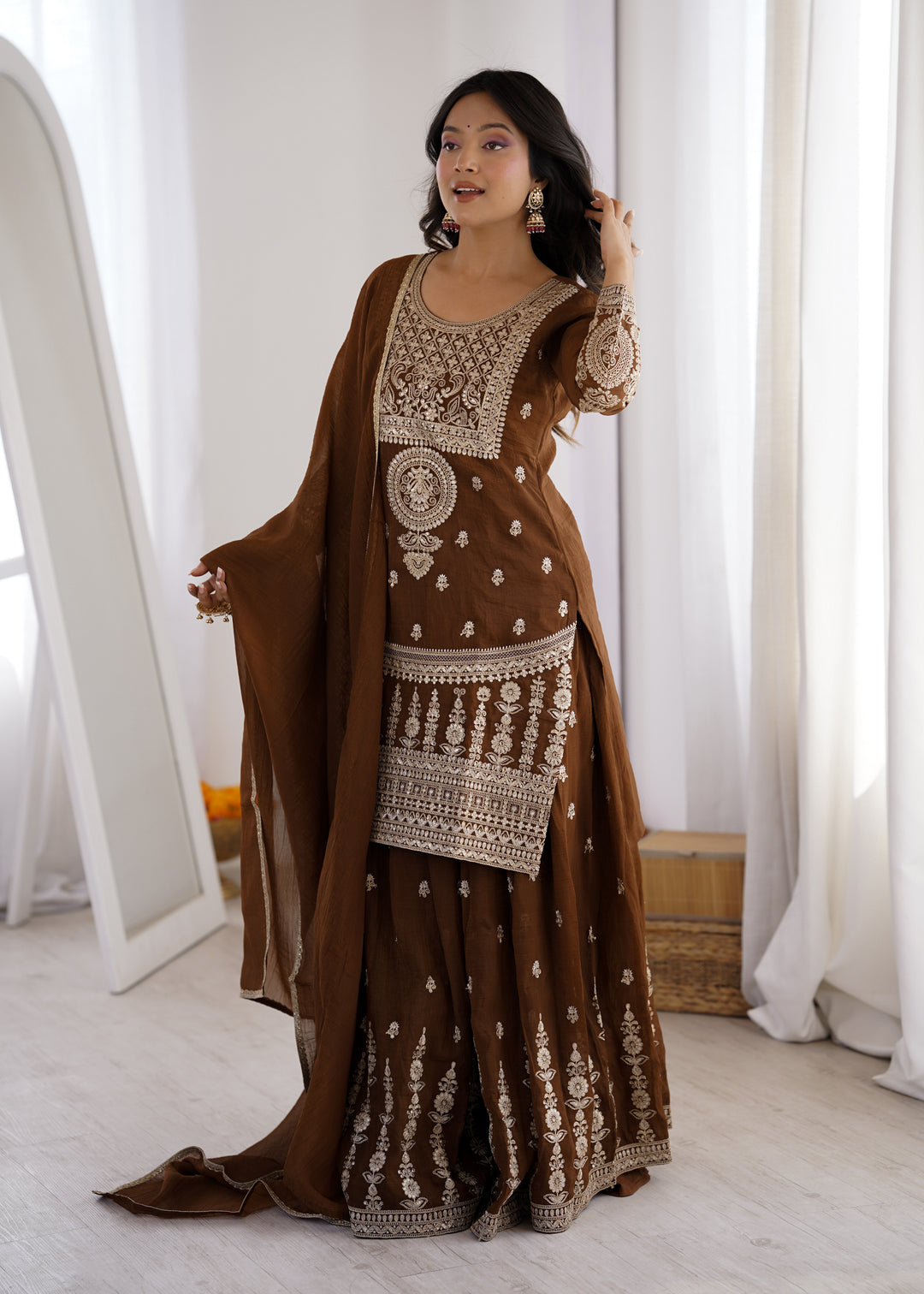 PURE SOFT CRUNCHY SILK FABRIC TOP,SHARARA WITH DUPATTA SET READY TO WEAR